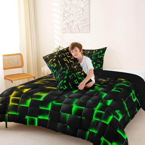 Image of Erosebridal Geometric Checkered Comforter Set Toddler Neon Yellow Green Bedding Set for Kids Boys Teen Gamer Room Decor,Abstract Ombre Plaid Comforter Grids Quilt Duvet Black