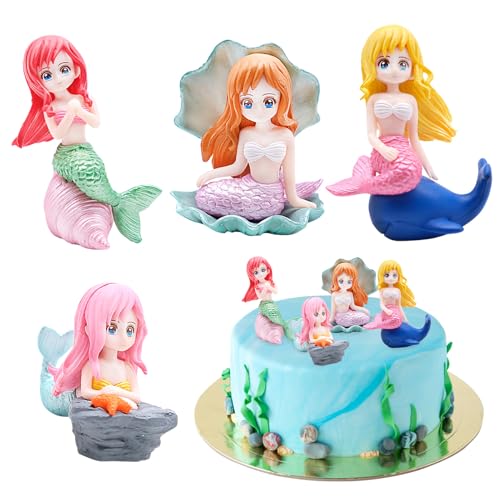 Mritrit 4 Stück Klein Meerjungfrau Tortendeko Set für Geburtstag Kuchen Deko, Kunststoff Kleine Prinzessinnen Figuren für Party, Mini Meerjungfrau Figur für Aquarium Dekoration