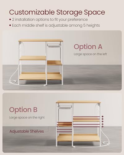 Image of VASAGLE Baker's Rack, Coffee Bar Stand with Charging Station, 35.6 Inches Tall, Storage Shelves, Pull-Out Wire Basket, Table for Microwave, Kitchen, Oak Beige and Ink Black UKKS036Y09