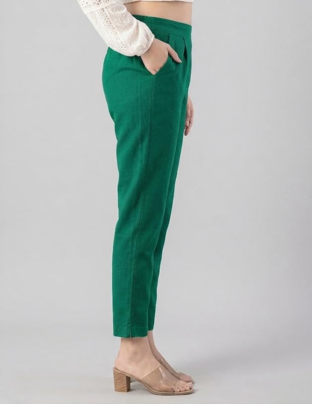 Image of Solid Cotton Woman Trousers Pants Regular Fit Kurti Pant with Drawstring Daily Office Formal Casual Use