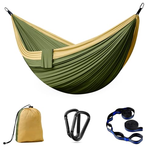 PHYSEN - Camping Hammock Portable Nylon Hammocks with Tree Straps Single Lightweigtht Hammock Swing for Outdoors, Backpacking, Camping, Travel, Beach, Breathable & Quick Drying Parachute Army Green