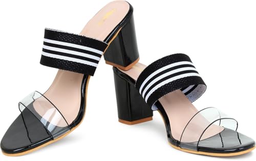 Image of Action Women's Black Suede Platform Sandals| Stiletto Heel| Clear Strap with Striped Band| Ankle Strap Design Black
