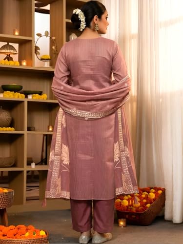 Image of Pinkmint Women Jacquard Silk Ethnic Kurta with Dupatta Suit for Women | Straight Fit Designer Wear with Woven Pattern & Tassel Dupatta | Availble in Plus Size