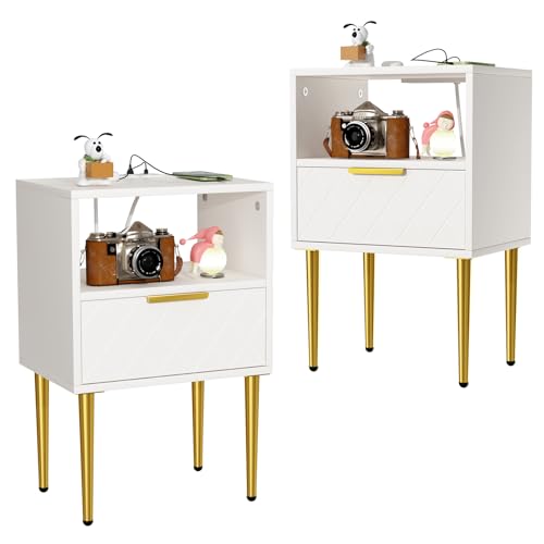 HaodaCulture Juego de 2, Mesitas de Noche con Estación de Carga, Mesa Auxiliar con Cajones, Patas de Pino, Mesa de Noche Dormitorio, Mesa Auxiliar Blancas 40x30x57 cm