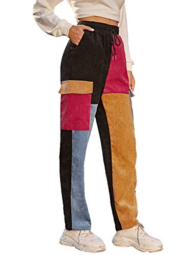 Sweatyrocks Women's Casual Drawstring Waist Color Block Corduroy Pants With Pocket Multicoloured S #TOP2