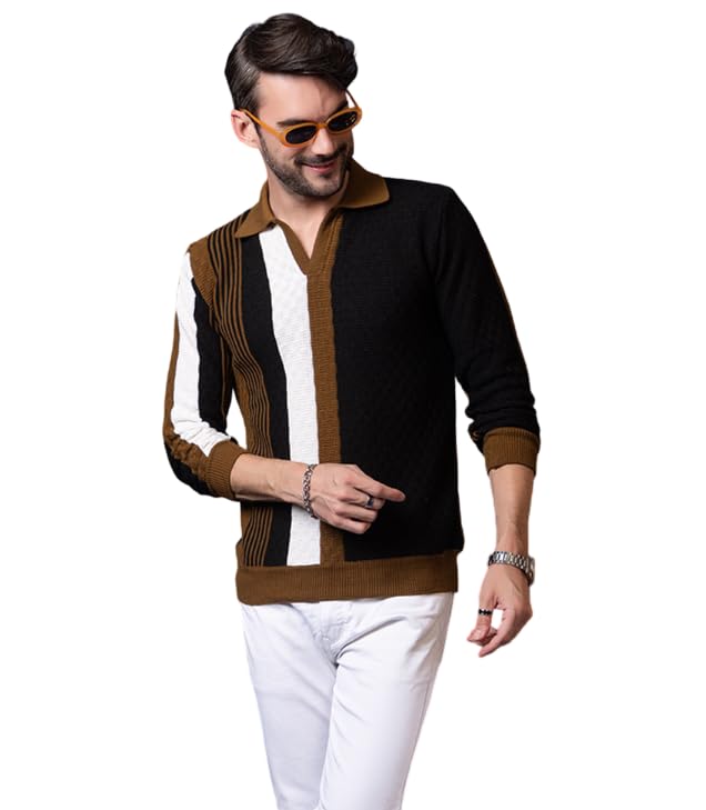 Men’s Striped Collared Neck Winter Sweater | Stylish Full Sleeve Knit Pullover for Casual Comfortable Warm Winterwear for Man-image-49