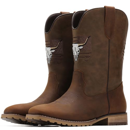 Image of JASONSTAR Western Cowboy Boots for men, Vintage Distressed Brown Square Toe Mid-Calf Boots with Longhorn Skull American Flag Embroidery, Non-Slip Rubber Sole Comfortable for Riding Outdoor Daily Wear