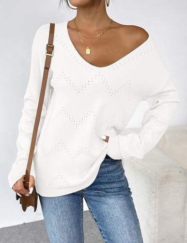 Image of Zeagoo Womens Sweaters Fall Trendy Casual Long Sleeve Shirt Lightweight V Neck Off Shoulder Crochet Pullover Top Outfit