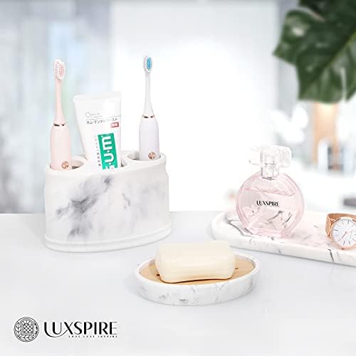 Luxspire Soap Dish Tray, Resin Soap Dish, Bamboo Soap Bar Holder Box for Shower Kitchen Sink, Double Layer Draining Soap Container Box, Wood Soap Case, Bathroom Marble Pattern Tray, Gravel white