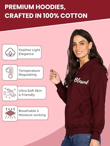 Image of Blessed Printed Women�s Full Sleeve Cotton Zipper Hoodie with Pockets | Regular Fit Hooded Sweatshirt Pullover for Winter, Casual, Outdoor, Travel & Everyday Wear