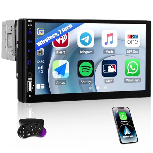 SIXWIN 1 DIN Autoradio con Wireless Carplay Android Auto, 7 Pulgadas Pantalla Táctil, Compatible con Bluetooth/FM/EQ/USB/AUX/TF/Mirror Link+Control en el Volante