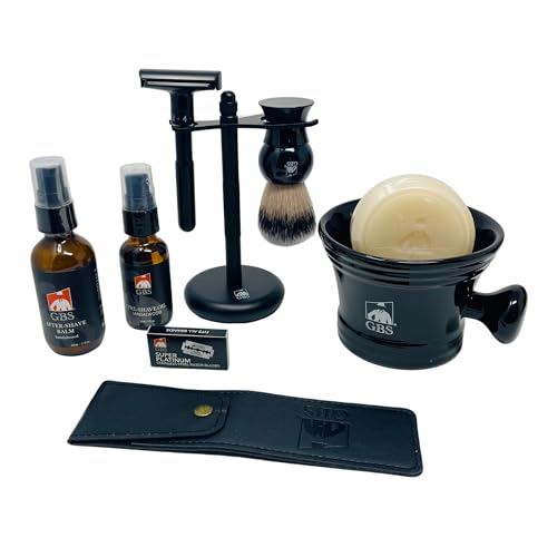 G.B.S Men's Shaving Set, Heavy-Duty Adjustable Double Edge Safety Razor and Shave Mug, Natural Soap, Blades, Shaving Brush and Razor Stand After Shave Balm Pre-Shave Oil