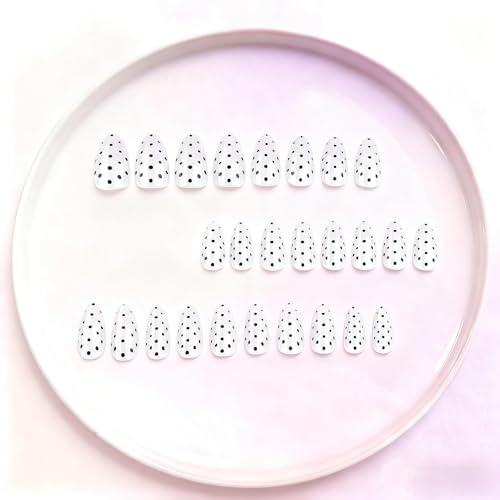 SXVME Polka Dot Press On Nails Almond, White Press On Nails Medium, Fake Nails with Designs, Cute Black Polka Dot Nails Press ons Almond, Reusable Glossy Soft Gel Glue On Nails for Women, 24 Pcs