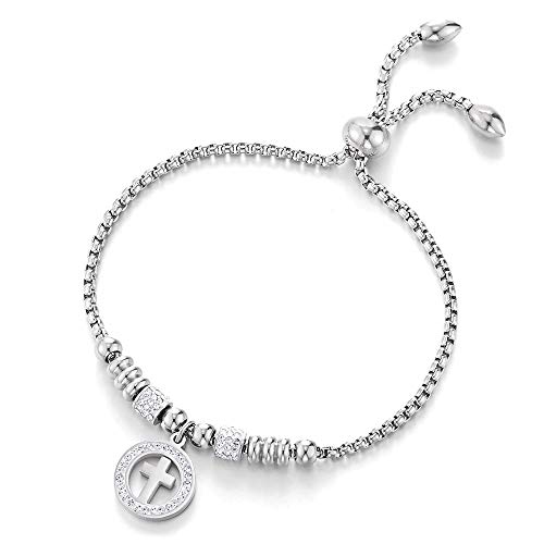 iMETACLII Mujer Acero Enlaces Pulsera con Circonio Cúbico Círculo Cruz y Perla Charm, Pulsera del Encanto, Brazalete, Ajustable