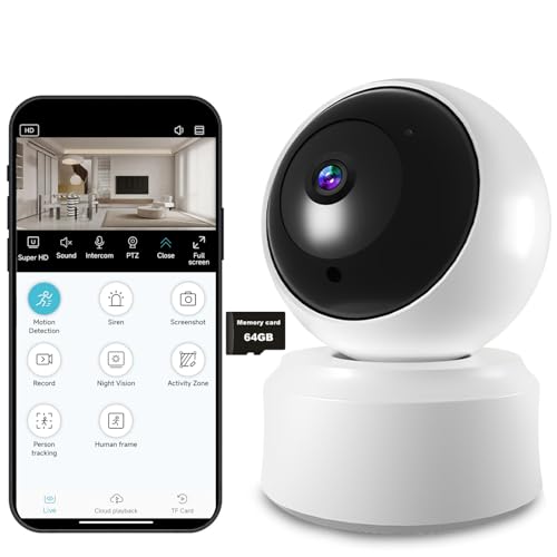 PEGATISAN Telecamera Wifi Interno Senza Fili 2MP Telecamera Interno PTZ/355° Telecamere Wifi Interne Rilevamento Umano Tracciamento Intelligente Audio Bidirezionale Telecamere per Bambino, Animale