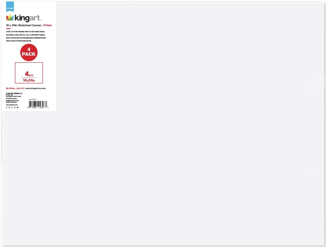 KINGART White 18" x 24" Stretched Artist Canvas, Pack of 4, Gesso Primed - 100% Cotton Rectangular Canvases, 5/8" Profile, Art Supplies for Oil and Acrylic Painting