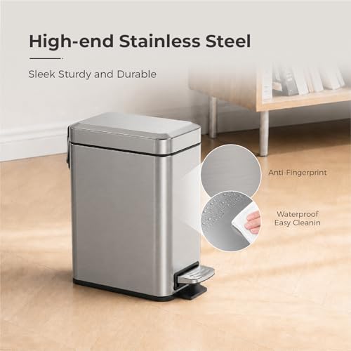 Image of Sineng Bathroom Trash Can with Lid Soft Close, 1.6 Gallon Stainless Steel Small Pedal Garbage Can with Removable Inner Bucket, Waste Bin for Kitchen Bedroom, Compact Toilet Trash bin