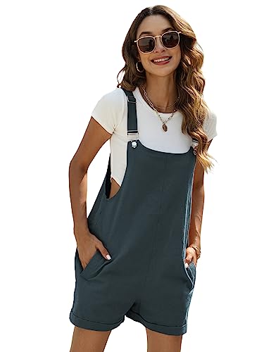 Yeokou Women's Cotton Linen Short Overalls Casual Summer Bib Shortalls with Pockets(BlueGrey-XL)