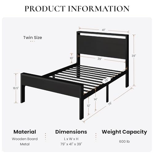 SHA CERLIN 14 Inch Twin Size Metal Platform Bed Frame with Wooden Headboard and Footboard, Mattress Foundation, No Box Spring Needed, Large Under Bed Storage, Heavy Duty Slats Support, Black Oak