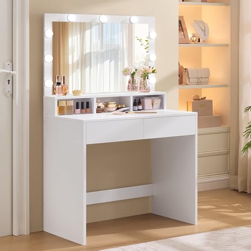 VASAGLE KAILYN Collezione - Tavolo da Trucco, Toeletta con Luce LED, Regolabile a 3 Colori, con Specchio, Tavolo Cosmetico con 2 Cassetti e 3 Scomparti Aperti, Bianco Nuvola RDT120T10
