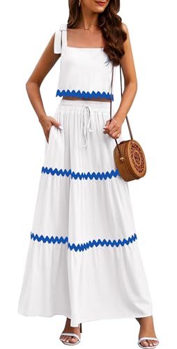 Image of Womens Two Piece Skirt Set 2024 Summer Sets Tie Up Sleeveless Tank Top Maxi Skirt Casual Beach Cruise Vacation Dresses Sundresses Outfits with Pockets White
