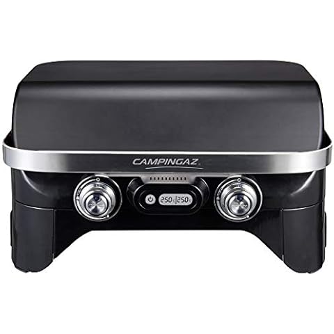Campingaz Attitude 2100 EX Plus, tragbarer Tischgrill, 2 Edelstahlbrenner, 5 kW Leistung, Camping Gasgrill mit digitalem Thermometer, Warmhalterost Cover