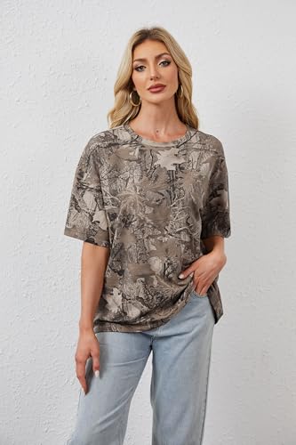 Image of MSBESYOR Camo Shirt for Women Maple Leaf Print Short Sleeve Crewneck T-Shirts Summer Oversized Tee Shirts Streetwear