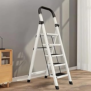 Portable Step Ladder White and Black,Folding Step Stool with Wide Anti-Slip Pedal, Lightweight 330 lbs Load Capacity Step Ladder,Portable Step Stool for Household (5-Step Type01, White)