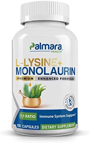 Palmara Health L-Lysine + Monolaurin 600mg 1:1 Ratio, 1 Pack, 100 Capsules