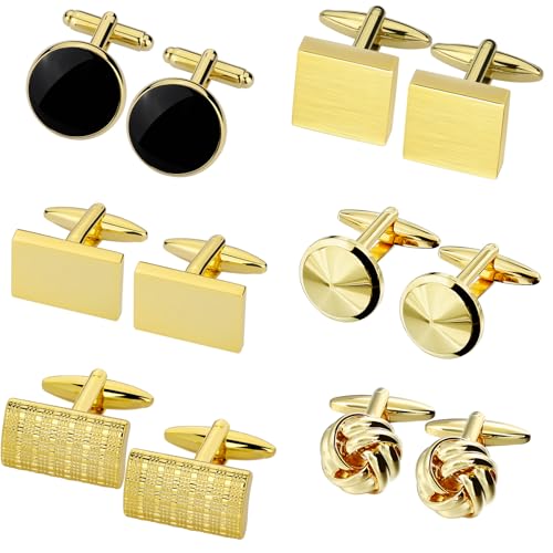 Gold Cufflinks for Men 6 Pairs, TAIGRAMA Cuff Links Mens Set of 6 Unique Gold Cufflinks Suitable for Anniversary Business Wedding