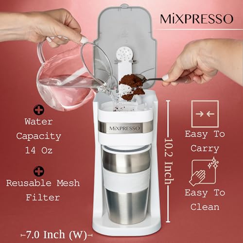 Mixpresso White Personal Single Serve Coffee Maker with 14oz Travel Mug, Drip Small Coffee Maker with Auto Shut Off, Reusable Filter, Works with Ground Coffee Only – Not for K-Cup Pods by Mixpresso - Image 3