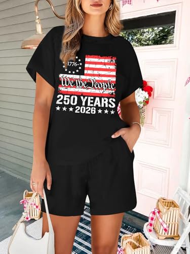 Image of VILOVE 4th of July 2 Piece Sequin Outfits Women 250 Anniversary Usa Shirts and Short Sets Casual Patriotic Shirt Summer Set