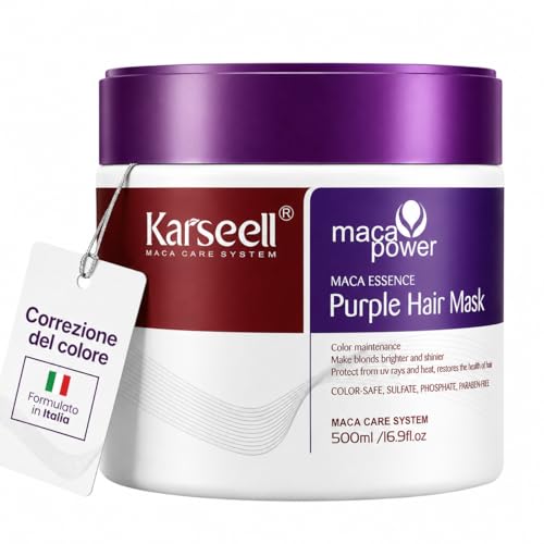 Karseell MACA CARE SYSTEM Maschera Capelli Viola 500ml Toner Biondi Platino Decolorati Grigi Bianchi Antigiallo Correttore Tonalità Idratazione Profonda Collagene Riparazione Antifrizz Senza Solfati