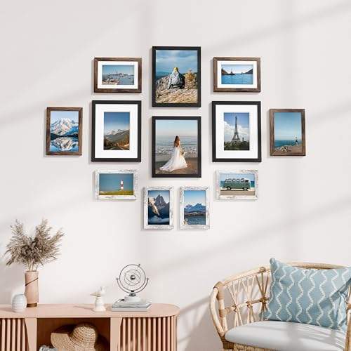 Image of Vittanly 12 Pack Picture Frames Collage Wall Decor for Mounting or Tabletop Display, Multi Sizes Including 4pcs 8x10, 4pcs 5x7, 4pcs 4x6, Black, Brown and Distressed White