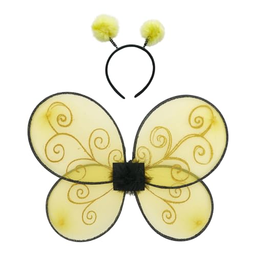 Barbotimer Halloween 2 Pcs Bee Wings Costume Accessories Bumble Wings and Antenna Headband Set for Kids Girls Cosplay Party Outfits (Yellow 30cm)