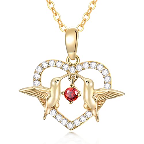 Muuyon 14K Gold Heart Necklace For Women, Real Yellow Gold Hummingbird Heart Pendant Necklace With Dancing Ruby, For Girls Ladies Mom Sisters, 16"+1"+1" #TOP20