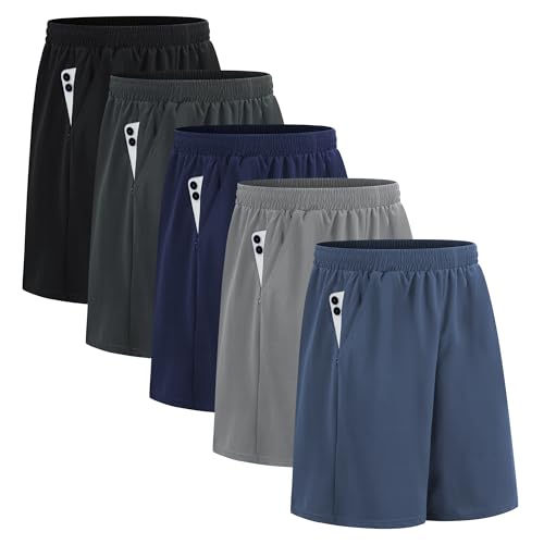 HQUEC 5 Pack Men's Athletic Shorts with Zipper Pockets Lightweight