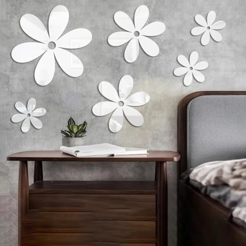 6Pcs Mirror Wall Decals - Flower Silver Acrylic Wallpaper Sticker...