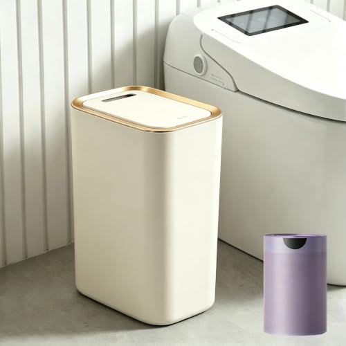 Image of 10 L Slim Bathroom Bin with Touch Top Lid, Waterproof Sanitary Trash Bin, Living Room Bathroom Accessories, Toilet Bin, Narrow Small Garbage Bin for Bedroom, Kitchen, Office, Narrow Space - Cream+Gold