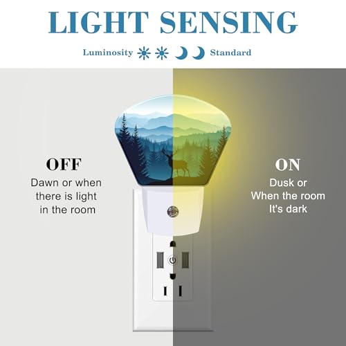 Image of Blue Misty Mountains Plug in Night Lights, Deer Nightlight Plug Into Wall Dusk to Dawn Sensor for Kid Girls Boys Women Men Bedroom, Hallway, Kitchen, Bathroom, Stairs Decor
