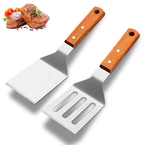 Grill Spachtel Pfannenwender aus Edelstahl, 2 Stück Grillbesteck Set,Spachtel Küche Plancha Spachtels, Pfannenwender mit Holzgriffen für Teppanyaki, Burger, Steak, Pizza, Backble