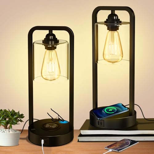 Yicenscoltd Lampada da Notte Dimmable 3 Livelli - Touch, Ricarica Wireless, USB-C/A e Presa per Camera da Letto e Soggiorno