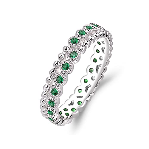Luo Solid 925 Sterling Silver Emerald Stackable Ring Round Milgrain Eternity Bands Beaded Wedding Band May Birthstone Ring For Women Us Size 7 #TOP21