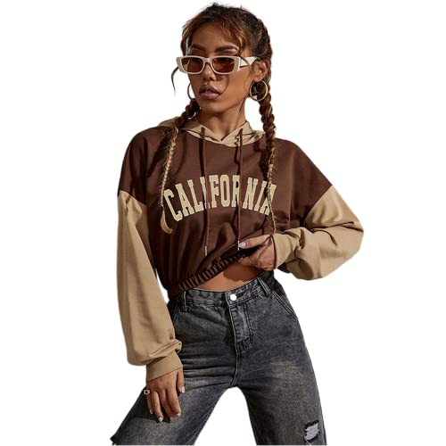 Mujer Crop Top Crop Hoodie Y2K Preppy Grunge Alt Emo Baggy Streetwear Dark Academia Gothic E-girl Punk Dance Gym, California, marrón, Large Cover