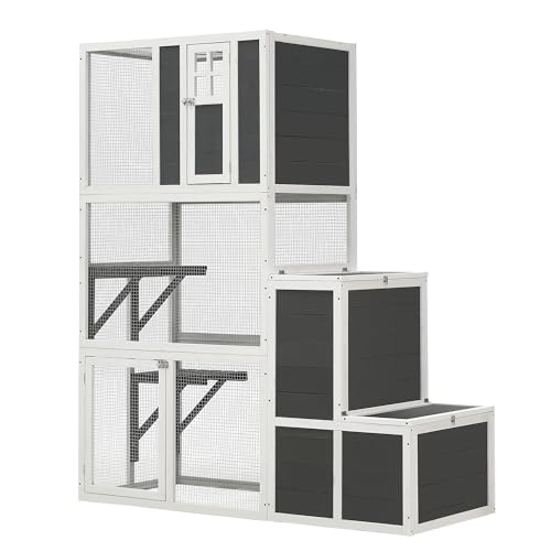 Acosure 71 Inch 3-Tier Wooden Catio Outdoor Cat Enclosure with 4 Platforms and 2 Doors,Cat-House Kitty-House W/ 2 Resting Rooms & 1 Jumping Box,Walk-in Kitty Kennel Condo Shelter,Gray