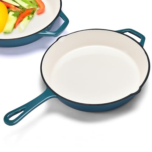 Bruntmor Cast Iron Pan - 10x16-Inch Round Skillet with Pour Spout - Frying Pan Compatible with Stovetops, Ovens, and Grills -Pre-Seasoned Non-Stick Surface Kitchen Tool and Cookware for Frying - Teal