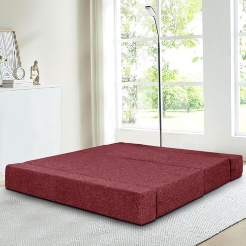 Image of Rosebell Two Seater Sofa Cum Bed | Jute Fabric Washable Cover | with Cushions Perfect for Guest | Red-Color | 4' X 6' Feet