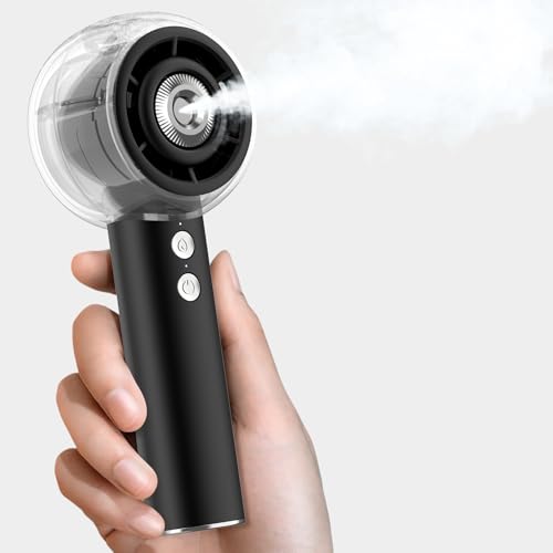 Dnenellr Ventilador Portátil con Nebulizador, Mini Ventilador USB Recargable, Motor Turbo Potente, Batería 6000mAh, 4 Velocidades, para Viajes, Playa y Uso Exterior, Regalo Mujer y Hombre (Negro)