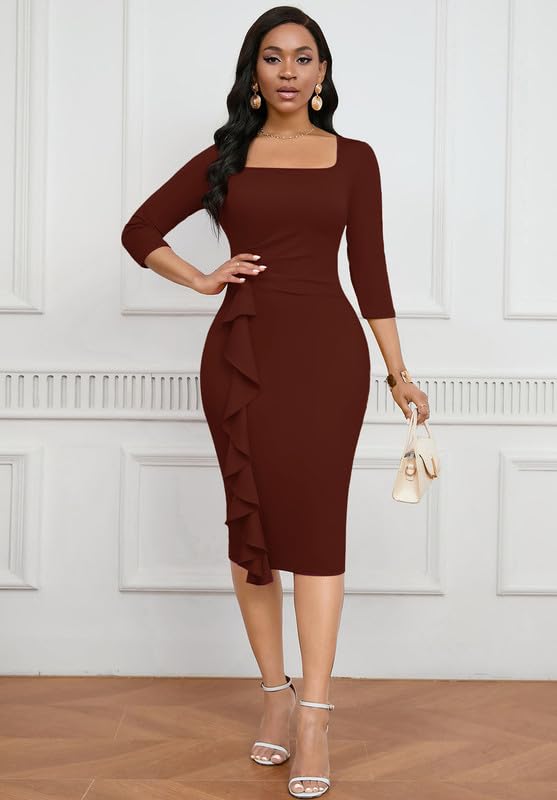 Image of MarryUP Womens Work Dresses Elegant Square Neck 3 /4 Sleeve High Waist Bodycon Ruffle Vintage Church Pencil Midi Dress