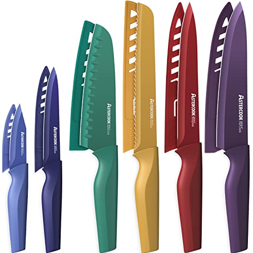 Astercook 12 Pcs Knife Set, Color-Coded Kitchen Knives Set with 6 Blade Guards